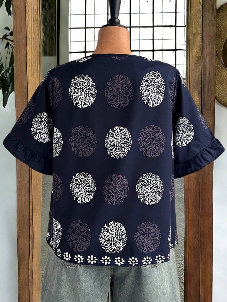 Plus Size Women Square Neck Short Sleeve Casual Loose Summer Printed Shirt,Summer Outfits For Women,V,Women's Country Clothing ,Casual Blouses For Women,Summer Holiday Outfits ,Casual Blouses For Women