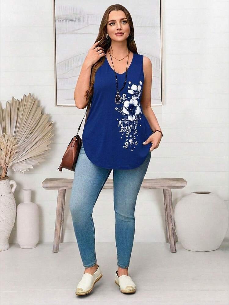 Plus Size Women's V-Neck Sleeveless Curved Hem Floral Offset Casual Top, Spring Outfits For Women Summer Outfits For Women