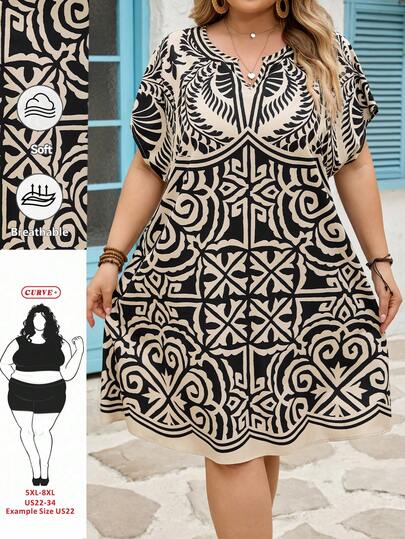 SHEIN CURVE+ Đầm nữ cỡ lớn cổ chữ V in hoa dáng rộng thoải mái đi nghỉ mát, đầm hè thường ngày cho nữ, quần áo nữ mùa hè, trang phục ngày Thánh Patrick, quần áo mùa hè lễ Phục Sinh, quần áo nữ mùa xuân. Đầm hoa trang phục đi nghỉ mát cho nữ, trang phục đi nghỉ hè, đầm thanh lịch, đầm dự tiệc, đầm thanh lịch cho nữ dự tiệc, trang phục mùa xuân cho nữ, đầm in hình học, đầm họa tiết, đầm in hình đồ họa, đầm họa tiết, đầm cổ áo, đầm phong cách Boho/Bohemian, đầm nghỉ dưỡng