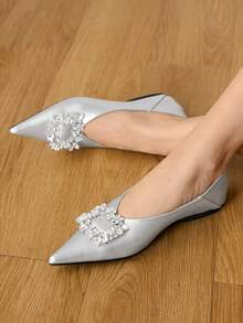 CUCCOO HITCHD Pointed Toe, Low Vamp, Rhinestone Square Buckle, Flat Bottom, Comfortable And Versatile, Fashionable Soft Sole, Elegant Fairy, Shoes, Silver Women's Shoes. - Silver - View 2