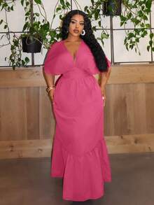 Slaydiva Plus Size Elegant Sexy Low Neckline Shoulder Sleeve Waist A-Line Ruffle Hem Dress, Red, Summer-S - Hot Pink - View 4