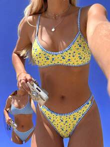 SHEIN Swim Vcay Bộ bikini hai dây họa tiết hoa kẻ caro gợi cảm, thích hợp cho kỳ nghỉ hè trên bãi biển, có thể mặc hai mặt. - Nhiều màu - Xem 1