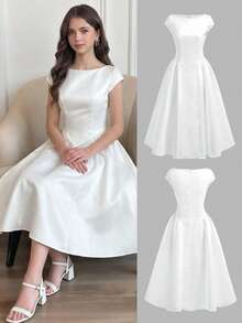 Girlism Đầm dài phồng dáng vintage thanh lịch dành cho thiếu nữ, đầm chữ A thắt eo kiểu vintage, đầm trắng xếp ly rộng rãi, thích hợp cho đám cưới, hẹn hò, đi chơi và phong cách Pháp dễ thương. - trắng - Xem 3