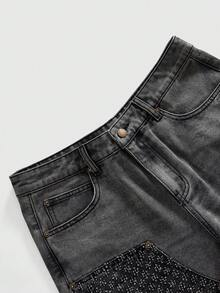 ROMWE MEN Street Life Men's Cross Embroidery Pattern Cargo Denim Shorts - Black - View 5