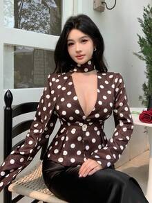 Modelyn 咖啡色波点露背收腰复古女式西装外套 - 棕色 - 查看 6