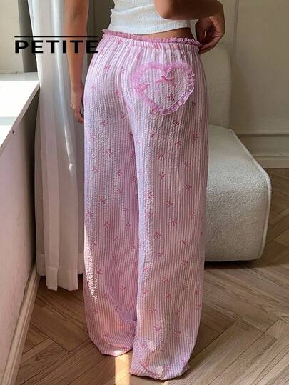 SHEIN Aloruh Petite PETITE Women's New Pink Floral Lace Heart Print Casual Loose Wide Leg Pants