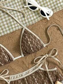 SHEIN Swim 白色蕾丝面料，侧系带设计，优雅性感女士泳装套装 - 彩色 - 查看 5