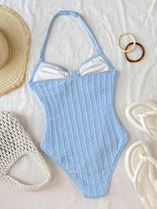 SHEIN 少女浅蓝色挂脖泳衣，2026春夏新款海滩度假休闲日常时尚 - 淺藍色 - 查看 2