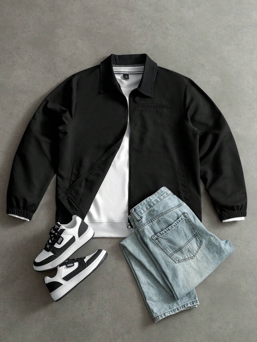 Manfinity Homme Men's Casual Everyday Zip-Up Collar Jacket Back-To-School Graduation Black Autumn - Black - View 1