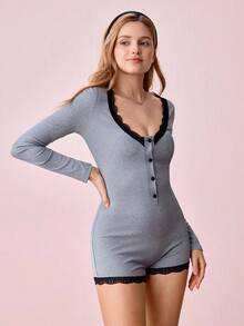 Lace Trim Button Front Sleep Romper, Fall, Winter - Dark Grey - View 6