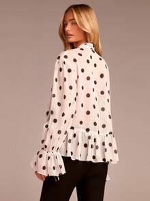 Women's Elegant Long Sleeve Tie-Waist Ruffle Polka Dot Blouse, Versatile For Commuting, Office, Outing, Romantic Wedding Guest, Spring/Summer - Black and White - View 2