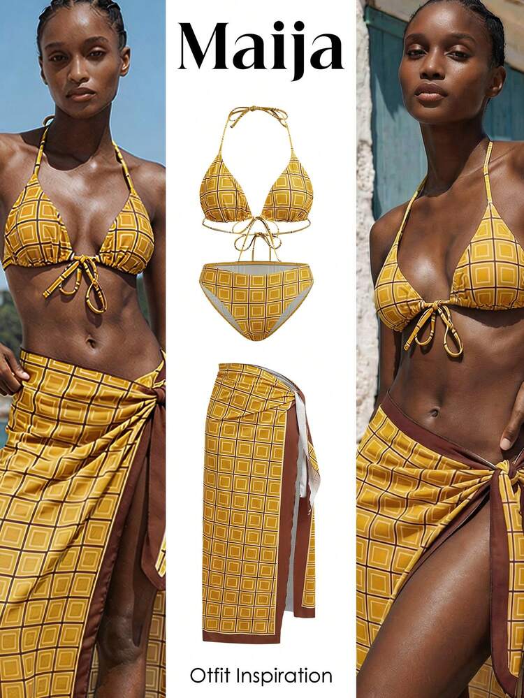 SHEIN Maija Women's Geometric Print Swimwear Set, Suitable For Beach Vacation Women Vacation Outfit Sets Sheinbae Elysanya Women's Beach Outfits Women's Holiday Co Ord Yellow Women Summer Outfits 2 Pieces Women Two Pieces Beach Vacation Outfits For Women