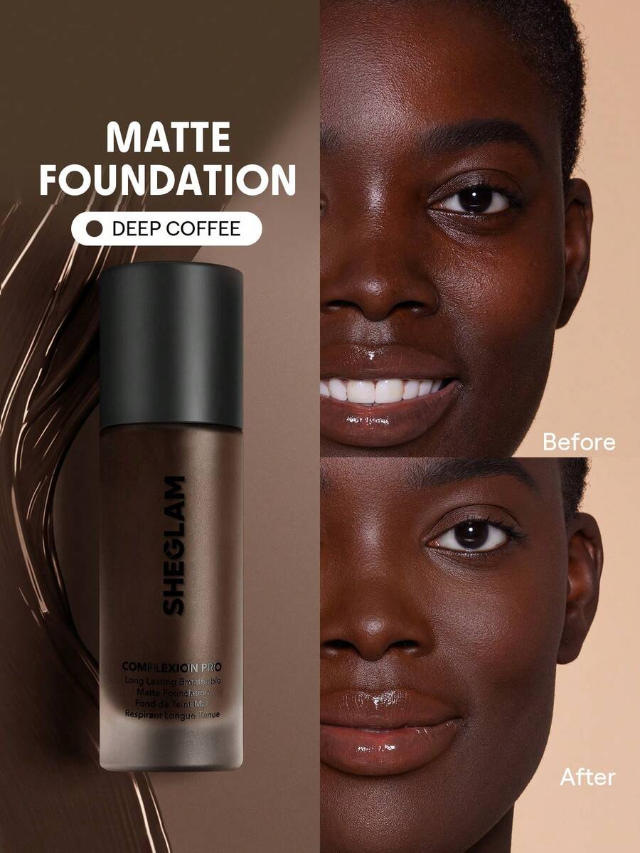 SHEGLAM Complexion Pro Long Lasting Breathable Matte Foundation-Deep Coffee Matte Long Lasting Full Cover Sweat Proof Foundation Oil Control Full Coverage Poreless Concealer Waterproof Long Lasting Full Cover Poreless Flawless Oil-Control Non-Fading Liquid Foundation Weightless Soft Foundation Brand Beauty Makeup Face Paint Cosmetic For Women Girls Perfect For Spring Summer Ideal For Y2K Fancy Fashion Suitable For Birthday Mother'S Day Gift Rave Party Ready Best Color - Deep Coffee - View 1