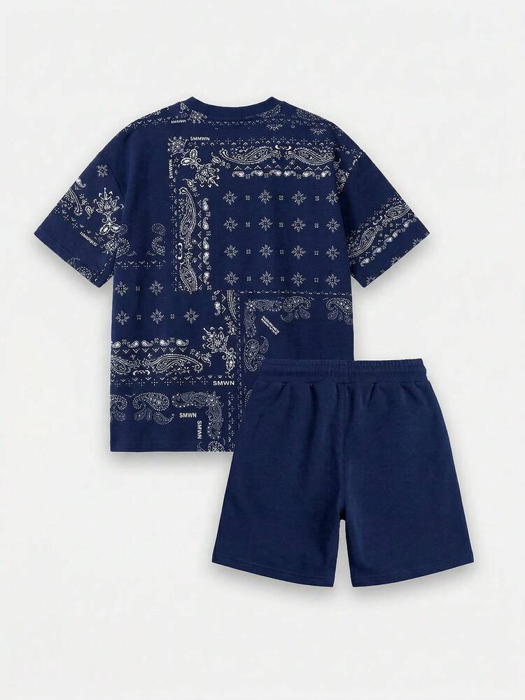 ティーンボーイ ネイビーペイズリー柄バンダナ風コーディネートセット 半袖クルーネックTシャツとマッチングショーツ カジュアル夏物