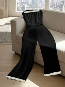 GlowEve Contrast Color Waist Belt Strapless Elegant Bodycon Jumpsuit - Black and White - View 2