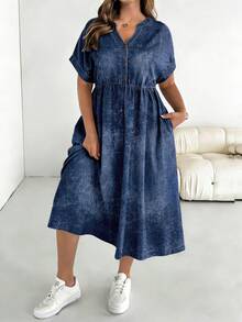 SHEIN Essnce 大码纯色斜插口袋翻领休闲短袖连衣裙 - 彩色 - 查看 3