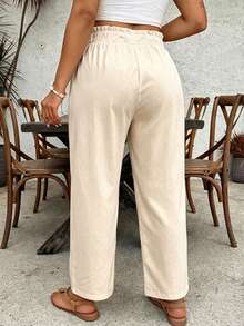 SHEIN VCAY 大码女式纯色抽绳腰休闲百搭日常裤 - 杏色 - 查看 2