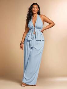 SHEIN BAE 大码女式夏季纯色系结露背吊带上衣和阔腿裤套装，沙滩/度假套装，两件套夏季服装，女士夏季服装 - 淺藍色 - 查看 5