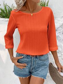 EMERY ROSE Women's Solid Color Round Neck 3/4 Sleeve Casual Blouse - Orange - View 7