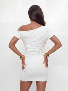 Avantive Women's Elegant Sexy Solid Color Off-Shoulder Fitted Mini Dress, Summer Golf White - White - View 4