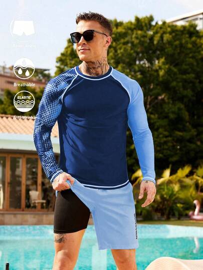 Manfinity KASUA 2pcs Men's Beach Vacation Casual Contrast Color Long Sleeve Top & Shorts Swim Rashguard Set, Holiday