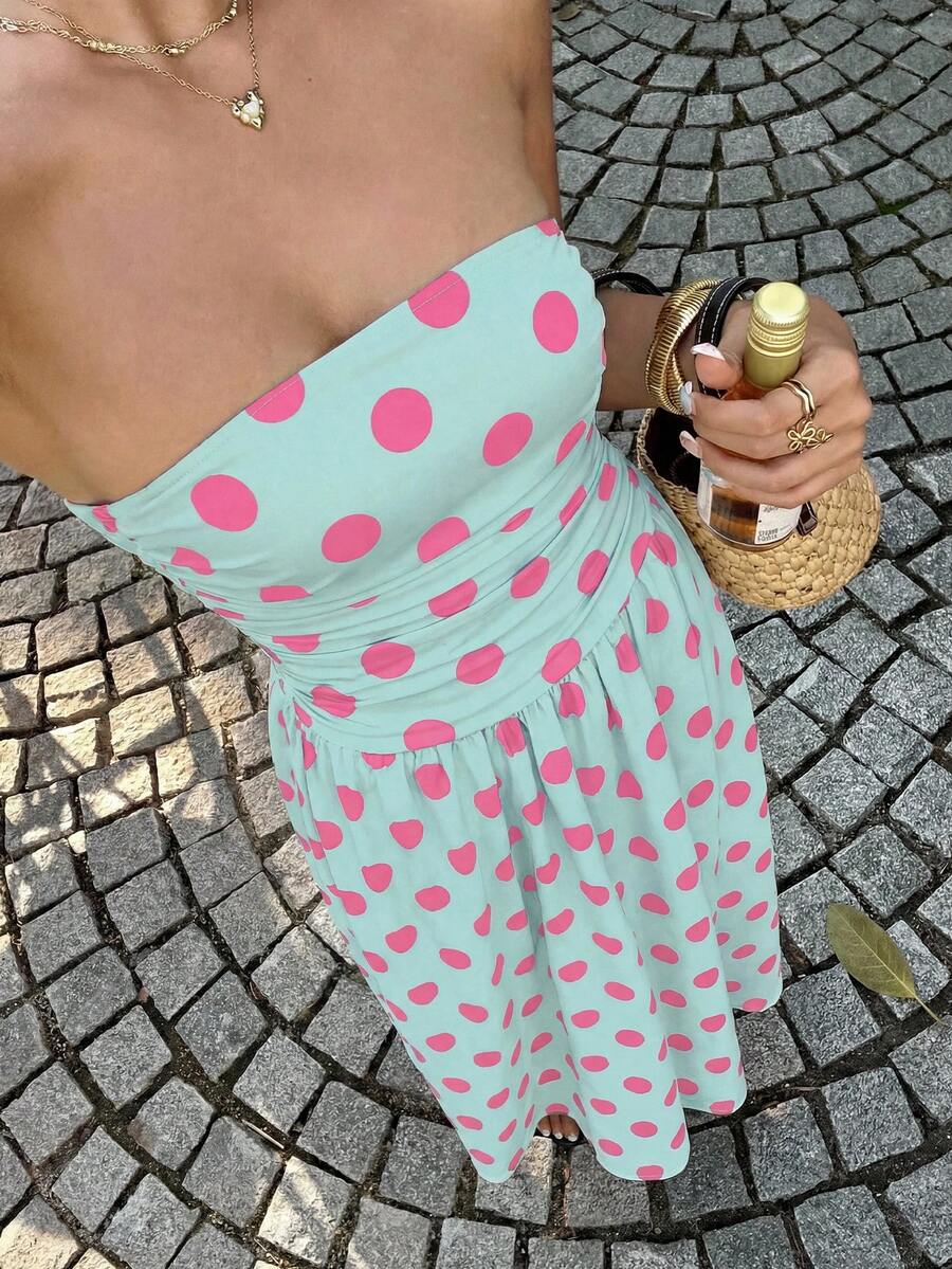 SHEIN EZwear 女士绿色底粉色波点印花荷叶边下摆无肩带连衣裙,适合度假、秋季时尚、婚礼宾客着装、生日派对、户外活动等场合。 - 彩色 - 查看 1