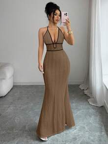 SHEIN Raffinéa 女士纹理紧身吊带连衣裙，性感度假/约会之夜装扮，黑色滚边，春夏款 - 卡其色 - 查看 7