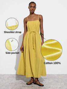 SHEIN Maija MAIJA Vacation Cotton Square Neck Spaghetti Strap Pleated Maxi Dress,Summer Dresses For Women Yellow Dress Yellow Sun Dresses For Women Yellow Dress Women Strappy Maxi Dress Yellow Maxi Dress - Yellow - View 2
