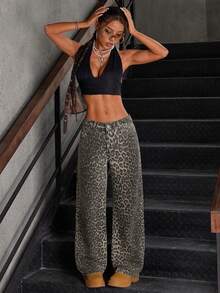 SHEIN Tall Jeans de mujer de pierna ancha y cintura baja con estampado de leopardo lavado de moda - Multicolor - Ver 3