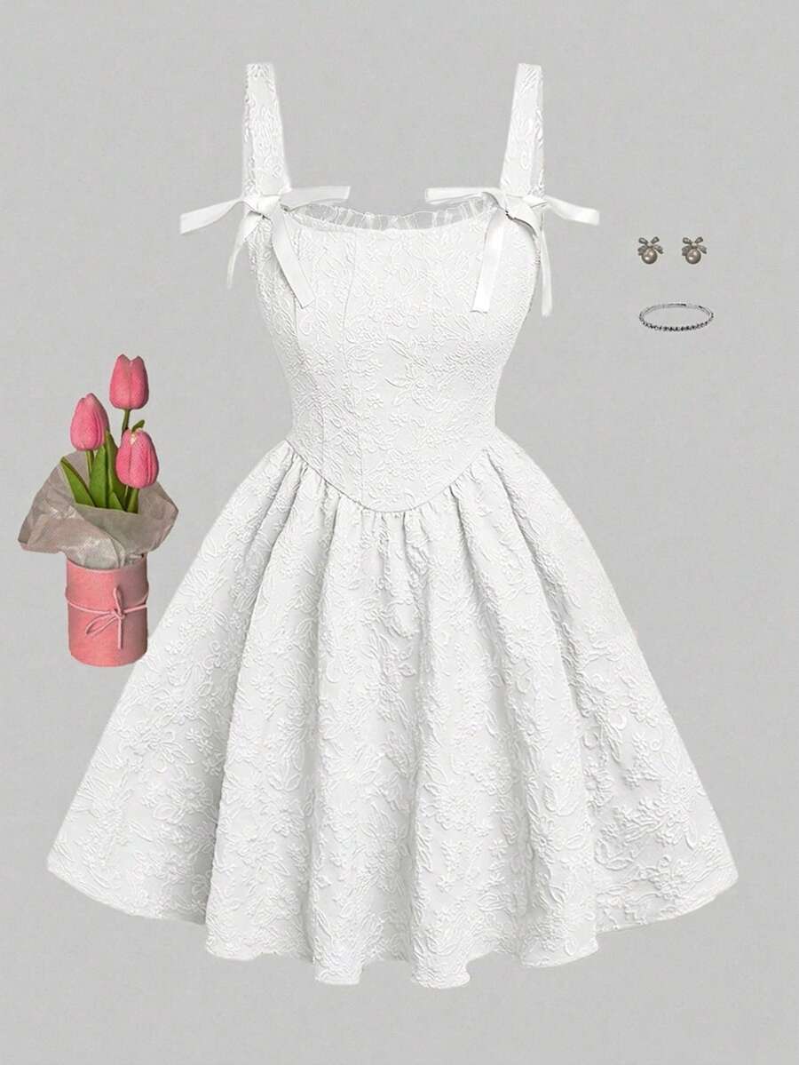 SHEIN Girlism 少女优雅纯白色提花编织吊带连衣裙,配蝴蝶结,适合正式场合、派对和日常穿着 - 白色 - 查看 1