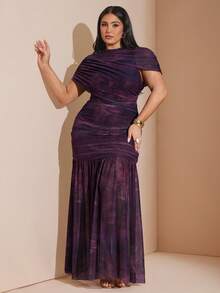 Vestido largo con estampado de talla grande con estilo envolvente, Vestido maxi elegante de mujer de cuello O morado fruncido con mangas transparentes, Vestido maxi de mujer con estampado de teñido anudado y superposición de malla con bajo de cola de sirena, Vestido maxi sofisticado de mujer con estampado morado y detalles fruncidos de manga larga - Multicolor - Ver 6