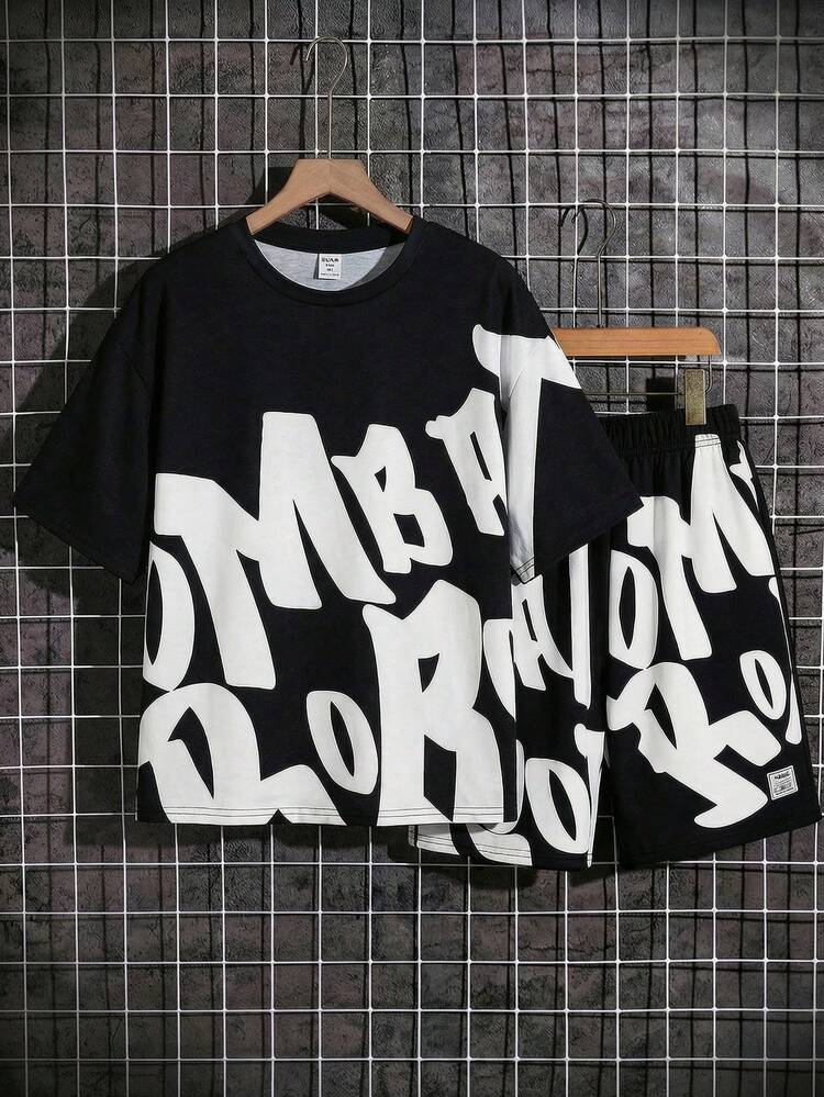 SHEIN Bộ đồ 2 món cho bé trai/thiếu niên, kiểu dáng thường ngày, thoải mái, in họa tiết, gồm áo thun ngắn tay cổ tròn dáng rộng và quần short dệt kim. - Nhiều màu - Xem 5