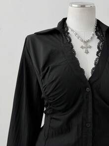 Sunspun Áo sơ mi đen cổ chữ V ren, phong cách tối giản, thanh lịch và thoải mái. - màu đen - Xem 5