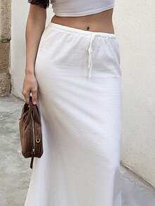 Marta Soriano Váy dài đuôi cá vải lanh trắng cho kỳ nghỉ xuân hè - trắng - Xem 5