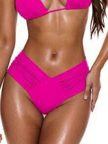 Swim Basics Women's Solid Color V-Neck Swimwear Bottom, Sexy And Minimalist Design For Daily Casual Wear For Summer Beach Vacation - Hot Pink - View 4