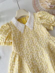 LMoss Kids Young Girl Woven Collared 3D Floral Puff Sleeve Casual Dress - Yellow - View 5