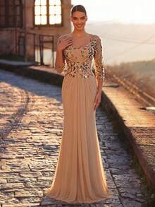 Serin Elegante y lujoso vestido de fiesta con aplicaciones de encaje con cuentas, empalme de malla elástica de punto, volantes y mangas transparentes, adecuado para bodas, fiestas, vacaciones, novia, madre de la novia - Champán - Ver 6