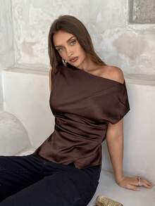Aloruh Boat Neck Cap Sleeve Cropped Office Wear Women's Apricot Blouse - Brown - View 8