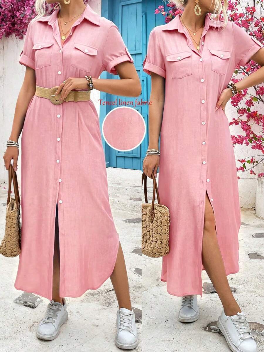 SHEIN LUNE 女士夏季牛仔效果面料长款衬衫裙女装 - 粉色 - 查看 1