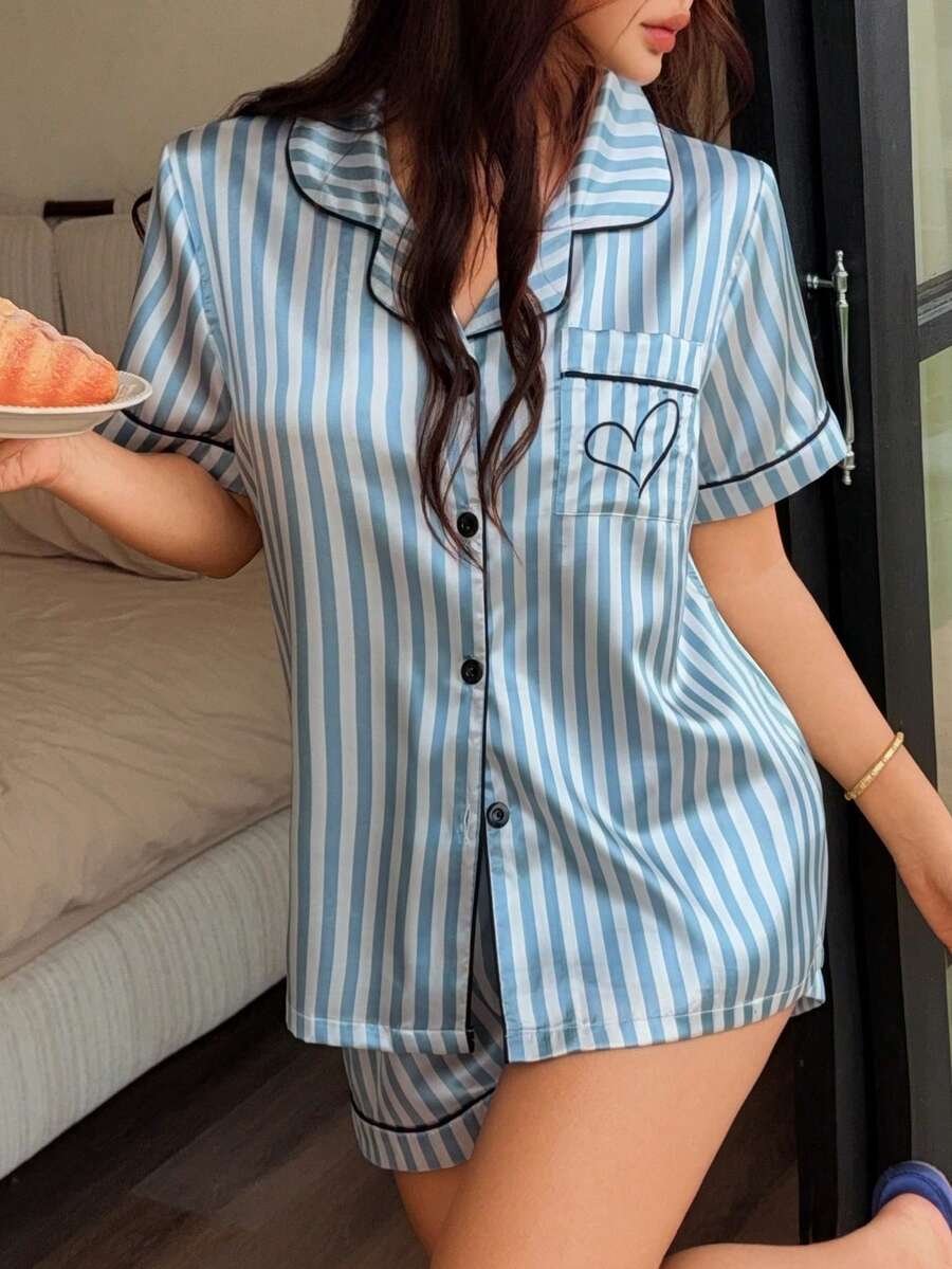 Napfluff Blue & White Striped Faux Silk Heart Embroidery Collar Cardigan Pajama Set - Blue and White - View 1
