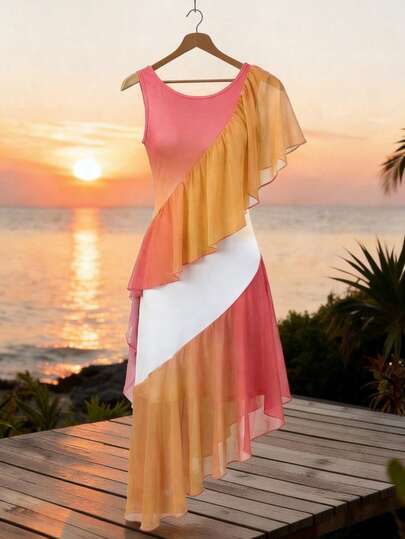 GlowEve Đầm nữ không tay cổ tròn phối màu ombre bằng vải lưới, vạt bất đối xứng, kiểu Pháp thanh lịch, thích hợp dự tiệc, đi nghỉ mát, đi làm, đi biển, ôm sát, kiểu dáng mới mùa hè.