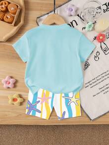 2pcs Baby Girl Vacation Style Fresh Sunshine Coconut Tree Shell Geometric Print Short Sleeve Top T-Shirt And Colorful Wave Sea Star Print Shorts Set, Suitable For Outdoor Summer - Multicolor - View 3