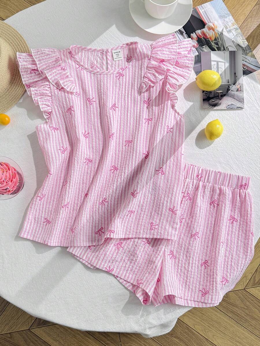SHEIN 青少年女孩休閒極簡舒適圓領荷葉邊上衣與長褲兩件套 - 粉色 - 查看 1