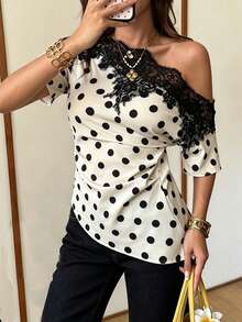 Elyressa 女士梭织圆点优雅夏季休闲露肩衬衫 - 杏色 - 查看 1