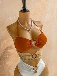 Soleia Women's Fashion Shell Metal Decor Halter Ruched One-Piece Swimsuit For Vacation Summer Beach - Multicolor - View 4