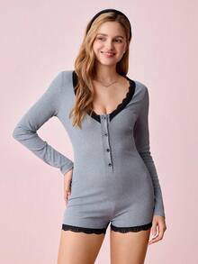 Lace Trim Button Front Sleep Romper, Fall, Winter - Dark Grey - View 3