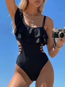Swim Mod 夏季海滩女式不对称领口连体泳衣，荷叶边无钢圈设计，Tankini 泳衣 - 黑色 - 查看 2