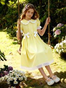 Sparklyn Vestidos blancos para niñas preadolescentes con cuello Peter Pan, mangas de pétalos, cintura ceñida y decoración de lazo - Amarillo - Ver 7