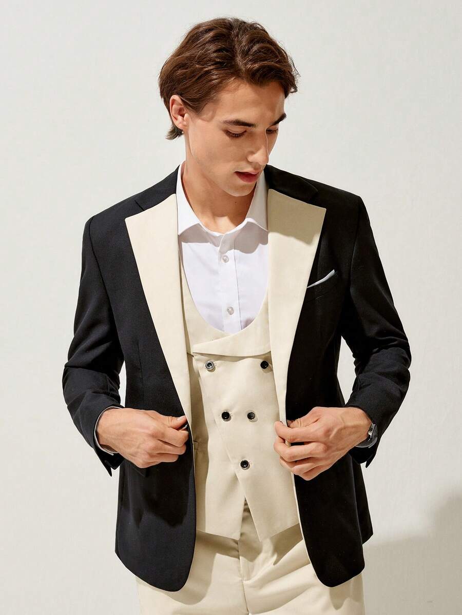 RONVEXI Bộ vest 3 món: Áo khoác, áo gile và quần tây dành cho nam giới - Màu be - Xem 1