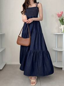 FRIFUL 女士肩部系带露背系带牛仔长连衣裙，裙摆呈喇叭形 - 藍色 - 查看 4